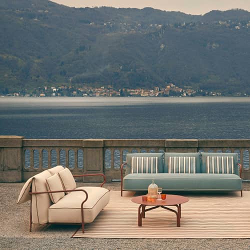 Canapé de jardin 2 places Salo tissu / L 160 cm - Unopiu - Terracotta / Tissu écru Nuvola - Aluminium, Mousse, Tissu outdoor