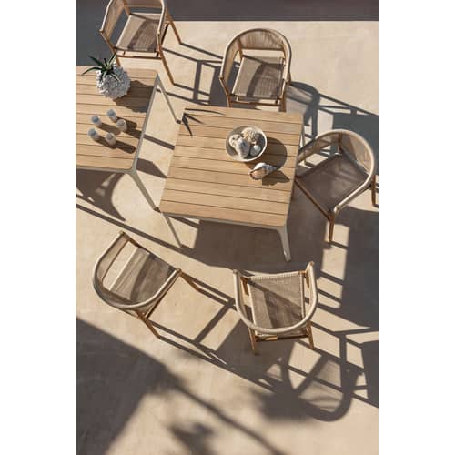 Poltrona impilabile Kilt tessuto beige legno naturale / Teck e Corda sintetica - Ethimo - Sabbia / Teck naturale - Corda sintetica, Teak certificato FSC