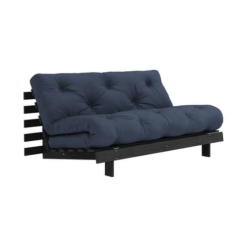 Divano convertibile Roots legno blu / L 160 cm - 3 posizioni / Struttura nera - KARUP DESIGN - Blu scuro 737 / Nero - Espanso, Fibre riciclate miste, Pino massello certificato FSC laccato, Tessuto