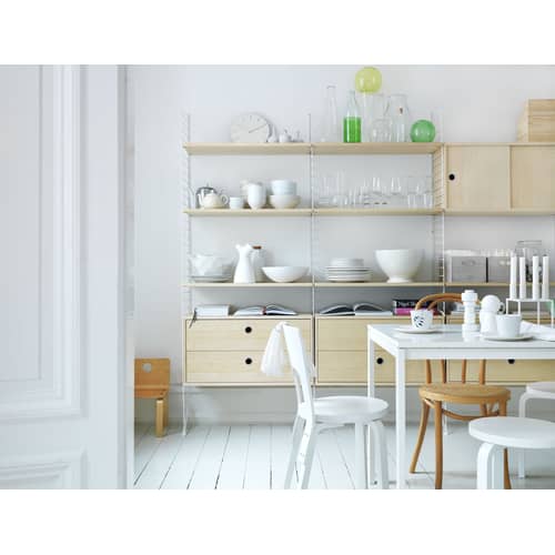 Kiste  holz weiß / 2 Schubladen - B 78 x T 30 x H 42 cm - String Furniture - Weiß - lackierte Holzfaserplatte, rostfreier Stahl