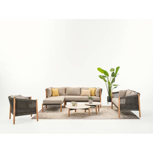 Liege Außenbereich Lento Modular Right textil grau holz natur / L 166 cm - Handgeflochtenes Polypropylenseil - Vincent Sheppard - Graue Kissen / Anthrazitfarbenes Seil / Teakholz - , Aluminium, Massives Teakholz, Schaumstoff, Seil aus Polypropylen