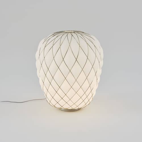 Pinecone Table lamp glass white H 52 cm - Glass & metal mesh - Fontana Arte - White / Gold mesh - Metal, Mouth blown glass
