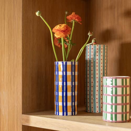 Vaso Clash Check ceramica multicolore / Ø 8 x H 18 cm - Dipinto a mano - & klevering - H 18 cm / Blu e Curry - Porcellana