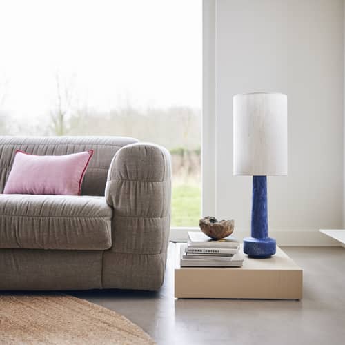 Lampe à poser Retro céramique bleu / H 84 cm - Grès & lin - HK LIVING - Bleu / Blanc - Grès, Lin