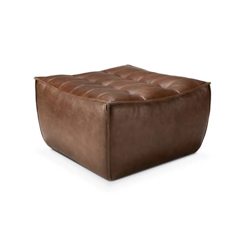 Pouf N701 cuir marron / 70 x 70 cm - Ethnicraft - Châtaigne - Bois, Cuir aniline, Mousse PU haute densité