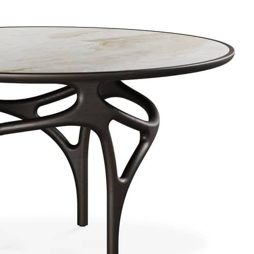 Table ronde Cena INDOOR / Ø 150 cm (8 personnes) - Plateau Quartzite - MORPHO - Quartzite beige / Pied brun foncé - Quartzite, Teck massif