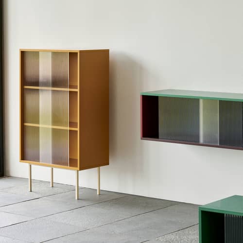 Colour Cabinet Tall Cabinet wood yellow / L 75 x H 130 cm - Ribbed glass doors - Hay - Yellow - Engineered wood fibre board, Grooved glass