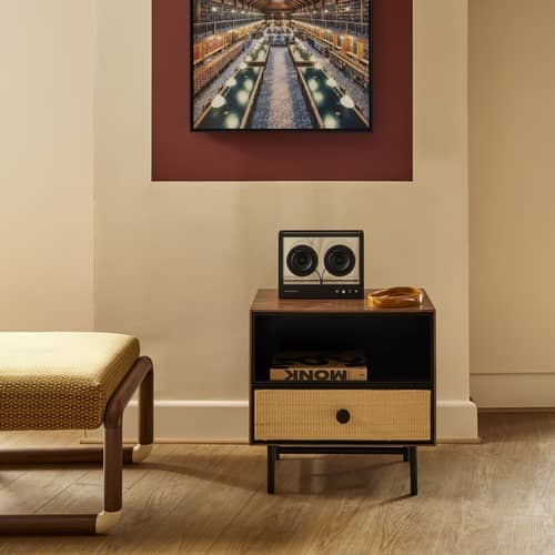 Essence Bedside table wood brown / Rattan - Maison Sarah Lavoine - Walnut & black - Metal, Rattan marrow, Walnut veneer