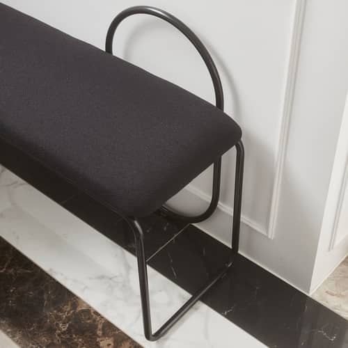 Angui Padded bench textile grey / Recycled polyester - L 110 cm - AYTM - Charcoal (recycled polyester) - Foam, Lacquered steel, Recycled polyester