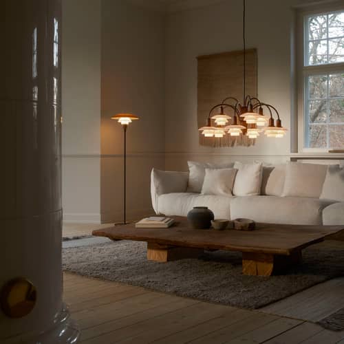 PH PH 3½-2½ Floor lamp glass orange Centenary Edition - Louis Poulsen - Amber & White / Burnished brass - Burnished brass, Mouth blown glass