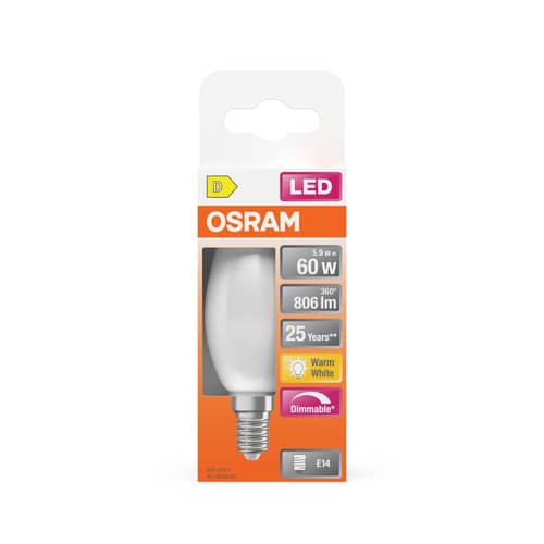 Dimmbare E14 LED-Lampe Flamme B35 glas weiß Frosted / 5,9 W (= 60 W) – Warmweiß - Osram - Mattiert - Glas