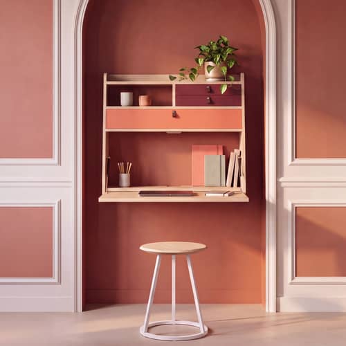 Secrétaire mural Gaston bois orange / L 80 x H 72 cm - Hartô - Corail épicé & bourgogne / Chêne naturel - MDF laqué, MDF plaqué chêne