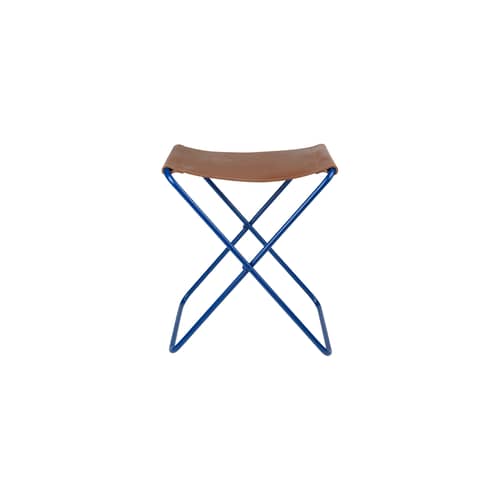 Tabouret pliant Nola cuir bleu - BROSTE COPENHAGEN - Bleu / Cuir naturel - Cuir de vache, Fer