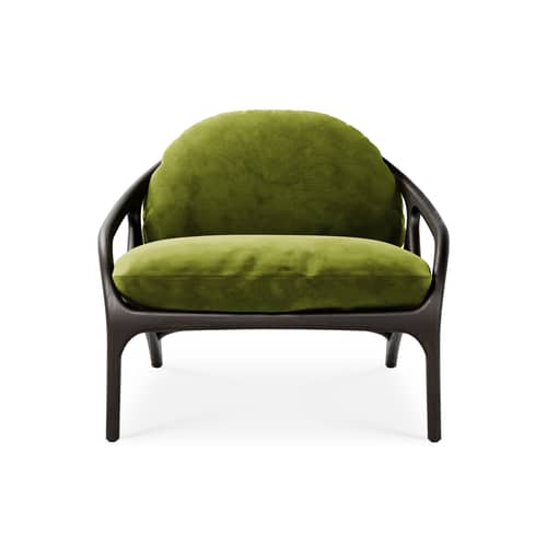 Fauteuil bas Vime INDOOR tissu vert - MORPHO - Velours vert / Teck brun foncé - Cuir semi-aniline, Mousse haute densité, Teck massif, Velours