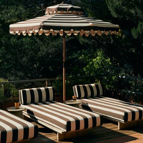 Ombrellone Striped Patio tessuto marrone / Ø 270 cm - Reclinabile - HK LIVING - Marrone / ecru - Acciaio, Faggio certificato, Poliestere