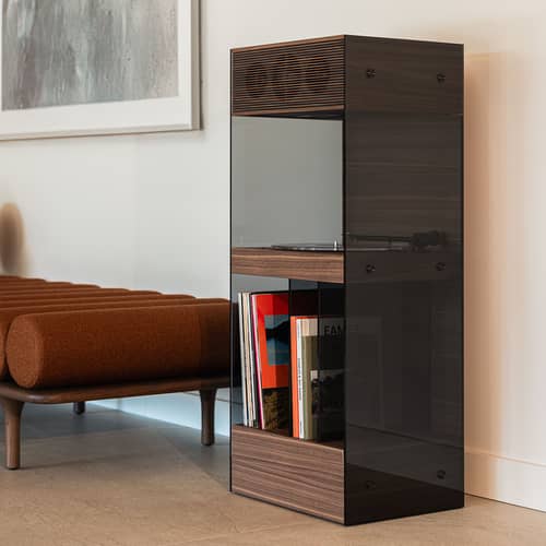 Meuble audio PR Alta / Platine vinyle & enceinte hifi connectée - La Boîte Concept - Noyer / Verre fumé - Aluminium, Noyer, Verre trempé fumé