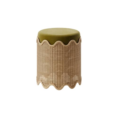 Pouf Fidji - POPUS EDITIONS - Vert kaki (velours) / Rotin - Mousse, Rotin, Velours