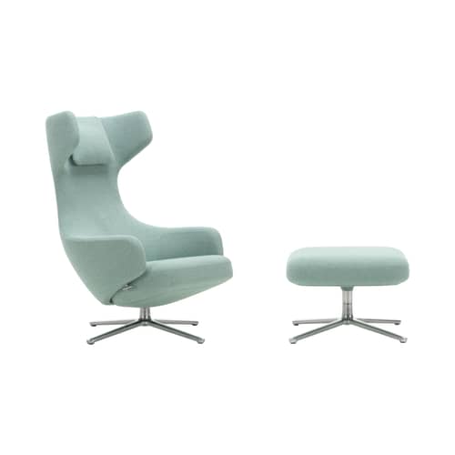 Set fauteuil & repose-pieds Grand Repos tissu vert / Pivotant & inclinable - Vitra - Bleu-vert (tissu Dumet)  / Alu poli -  Plumes, Aluminium poli, Mousse polyuréthane, Tissu