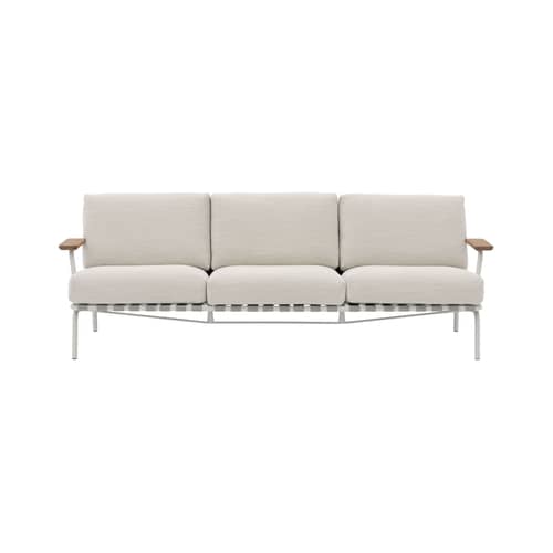 Divano da giardino a 3 posti Settle tessuto bianco / L 218,5 cm - Muuto - Tessuto Grigio / Ecrù (Laze 1) - Acciaio, Cinghia in poliestere, Espanso, Mogano, Tessuto per esterni