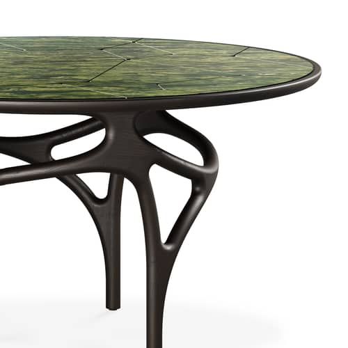 Tavolo rotondo Cena INDOOR marmo verde / Ø 150 cm (8 persone) - Piano/vassoio in marmo inciso - MORPHO - Marmo verde (inciso) / Base Bruno verde - Marmo, Teak massello