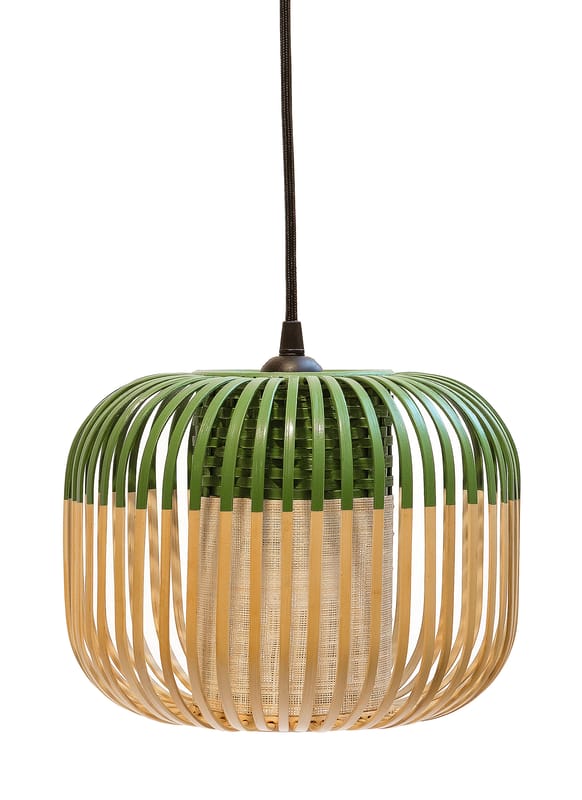 Lighting - Pendant Lighting - Bamboo Light XS Pendant metal textile green natural wood H 20 x Ø 27 cm - Forestier - Green / Natural - Fabric, Metal, Natural bamboo