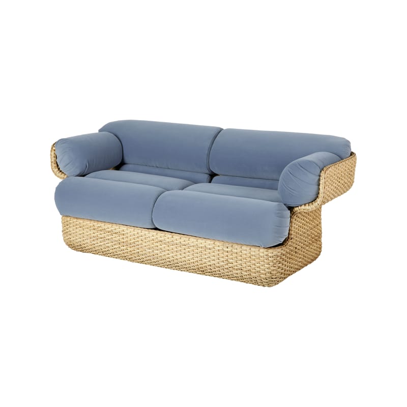 Furniture - Sofas - Basket Straight sofa textile cane & fibres blue beige natural wood / By Joe Colombo (1967) - L 169 cm - Gubi - Blue (Dedar Sunday 002) -  Ouate, Fabric, Foam, Rattan