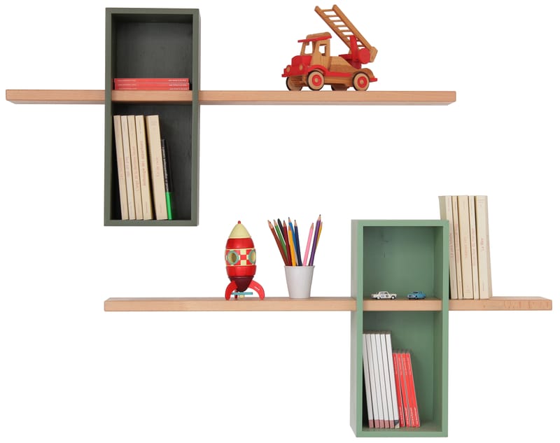 Furniture - Bookcases & Bookshelves - Max XL Shelf wood green Simple - 2 boxes + 2 shelves - Compagnie - Olive green / Light green - Natural beechwood, Painted MDF
