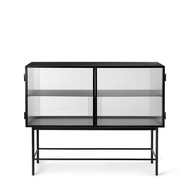 Furniture - Dressers & Storage Units - Haze Dresser metal glass black / L 110 x H 90 cm / 2 fluted-glass doors - Ferm Living - Black / Fluted glass - Epoxy lacquered metal, Fluted glass