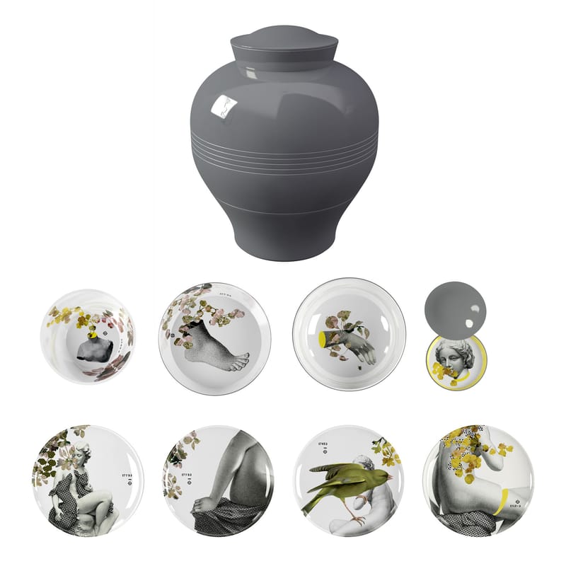 Tisch und Küche - Teller - Tafelservice Yuan Parnasse plastikmaterial bunt / 8-teilig, stapelbar - Ibride - Grau / Motive grau & gelb (Parnasse) - Melamin