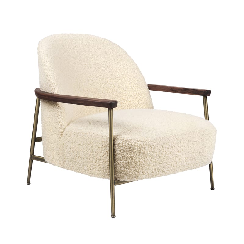 Furniture - Armchairs - Sejour Padded armchair textile white / Bouclé fabric - Gubi - White / Brass & walnut - Brass, Foam, Plywood, Solid walnut, Terrycloth