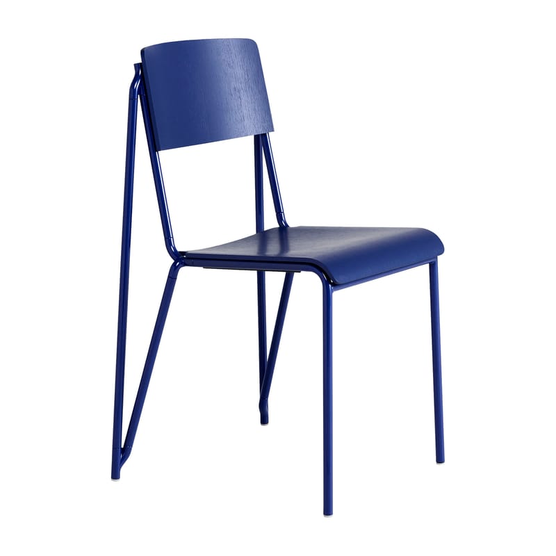 Furniture - Chairs - Petit standard Stacking chair wood blue / Steel & wood - Hay - Blue / Blue legs - Powder coated steel, Tinted oak plywood