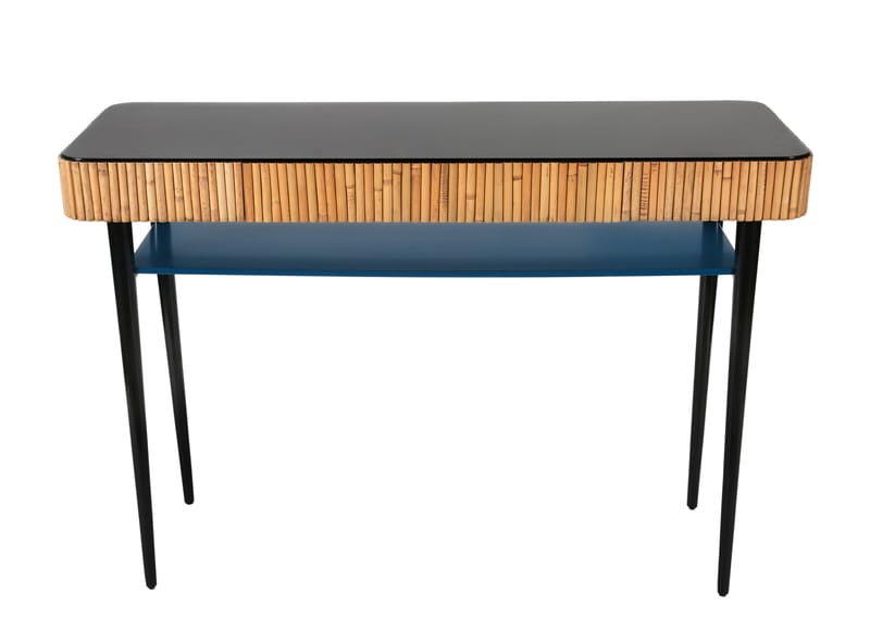 Furniture - Console Tables - Riviera Console blue black natural wood / Rattan - Drawer - Maison Sarah Lavoine - Sarah blue & black / Natural rattan - Lacquered wood, Natural rattan