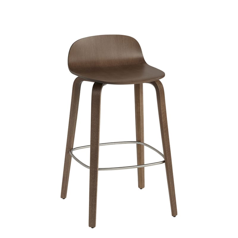 Furniture - Bar Stools - Visu Bar stool natural wood / Wood - H 65 cm - Muuto - Dark wood / Chromed footrest - Steel, Tinted oak plywood