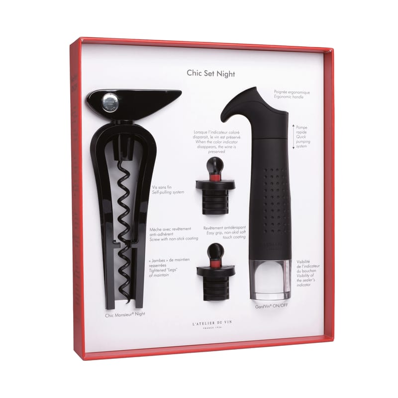 Tableware - Around wine - Chic set Night Sommelier box plastic material black / Corkscrew + electric vacuum pump with 2 stoppers - L\'Atelier du Vin - Black - Polymer, PVC, Steel