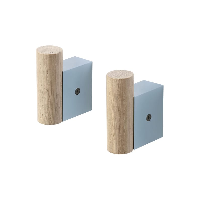 Furniture - Coat Racks & Pegs - Attach Hook metal wood blue / Set of 2 - Muuto - Pale blue - Aluminium, Oak