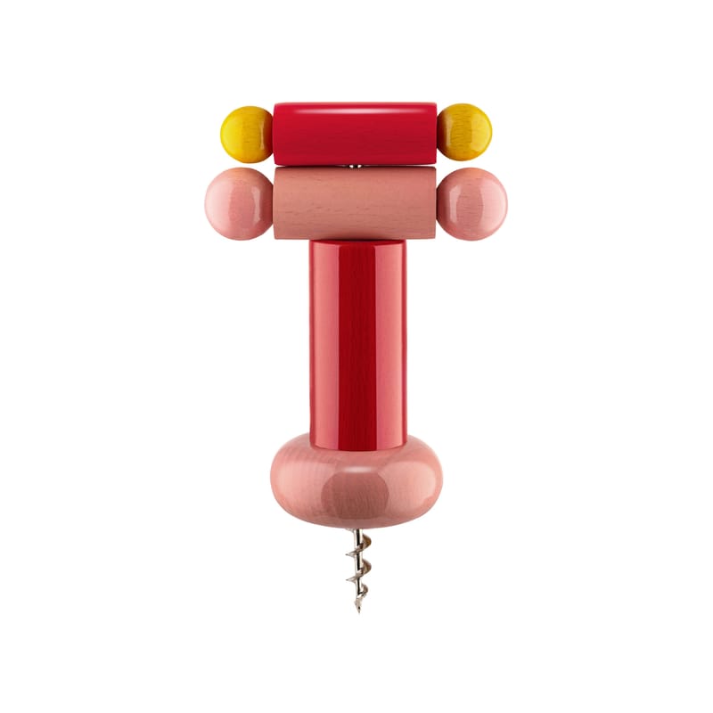 Tableware - Around wine - / By Ettore Sottsass Bottle opener wood pink / Alessi 100 Values ​​Collection - Alessi - Pink - Solid turned beech, FSC-certified, Stainless steel