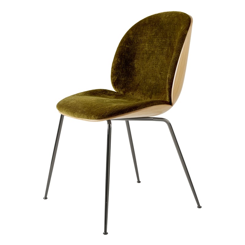 Furniture - Chairs - Beetle 3D Veneer Padded chair textile green natural wood / Wood & fabric - Gubi - Green (Mumble glamour 40) & oak / Black legs - Fabric, Foam, Oak veneer, Varnished steel