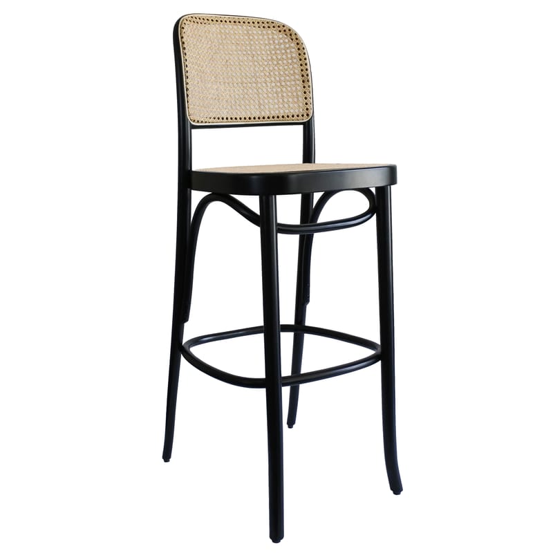 Furniture - Bar Stools - N. 811 Bar stool cane & fibres wood black beige / 1930 relaunch - Wood & canework / H 65 cm - Wiener GTV Design - Black & natural - Hêtre courbé, Straw