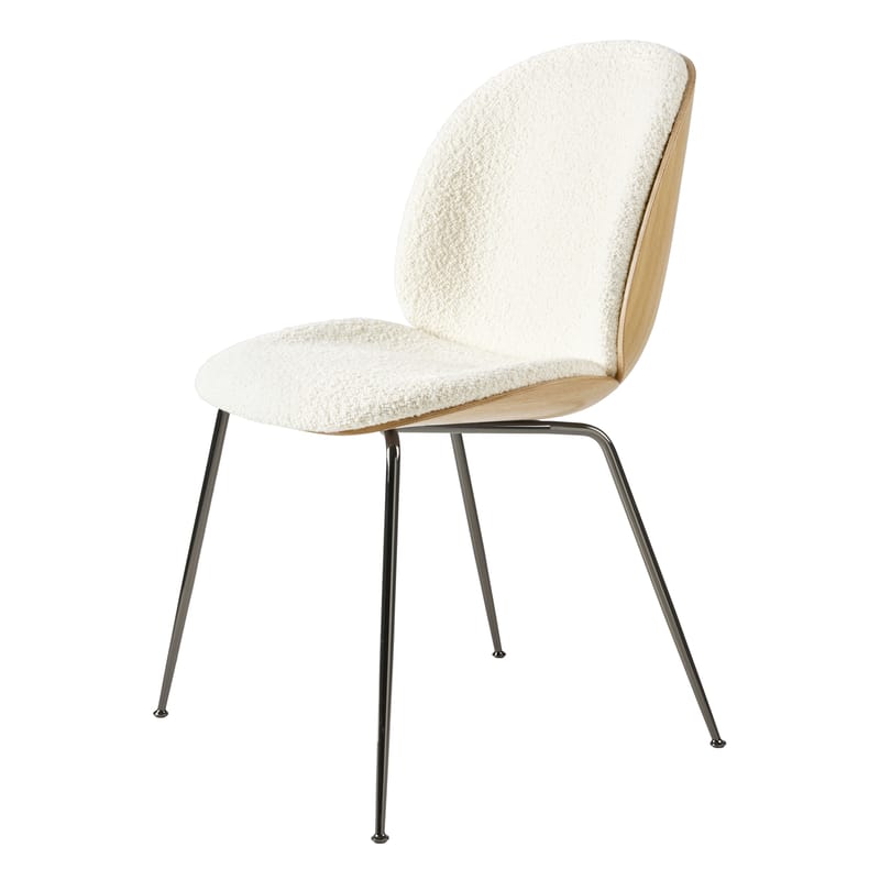 Furniture - Chairs - Beetle 3D Veneer Padded chair textile white natural wood / Wood & fabric - Gubi - White (Karakorum 001) & Oak / Black legs - Fabric, Foam, Oak veneer, Varnished steel