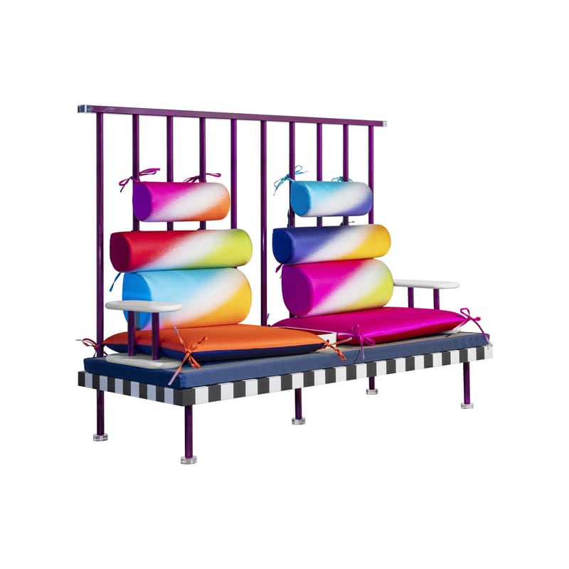 Furniture - Sofas - Utamaro - Night Tales 2 seater sofa metal textile multicoloured / By Masanori Umeda, 2020 - Limited edition - Memphis Milano - Backrest Fuchsia / Multicoloured - Metal, Plexiglass, Silk, Stratified
