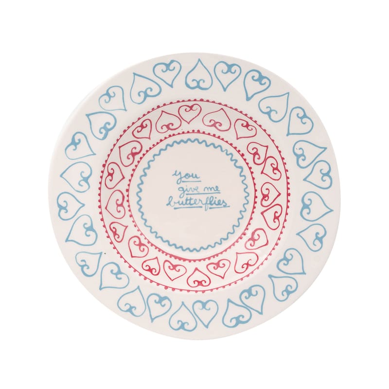Tableware - Plates - You give me butterflies Plate ceramic blue red / Ø 26 cm - Hand-painted - LAETITIA ROUGET - Butterflies / Blue & red - Sandstone