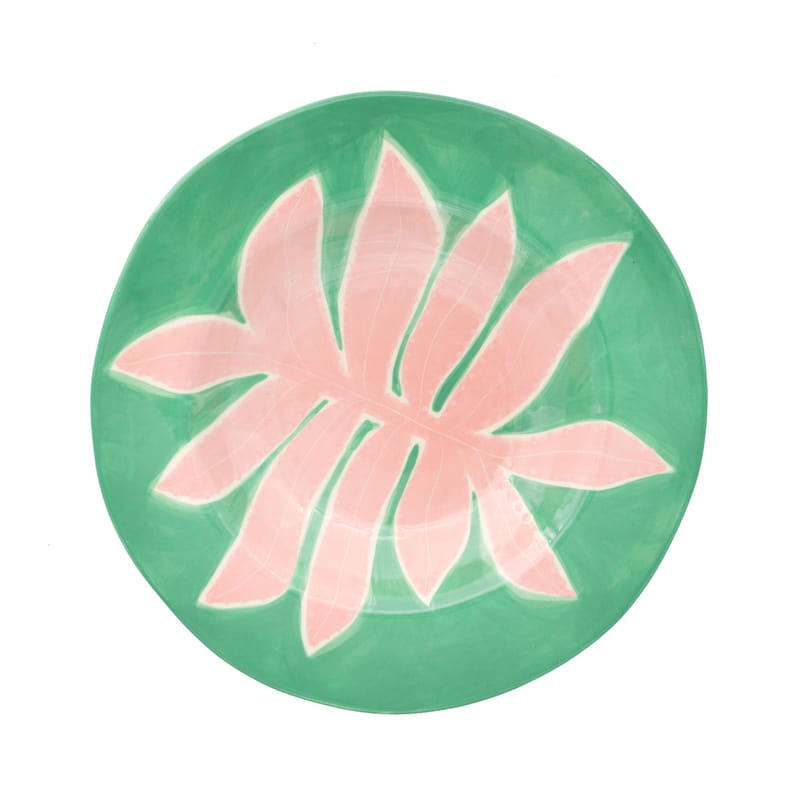 Tableware - Plates - Green Leaf Plate ceramic pink green / Ø 26 cm - Hand-painted - LAETITIA ROUGET - Green Leaf / Green & pink - Sandstone