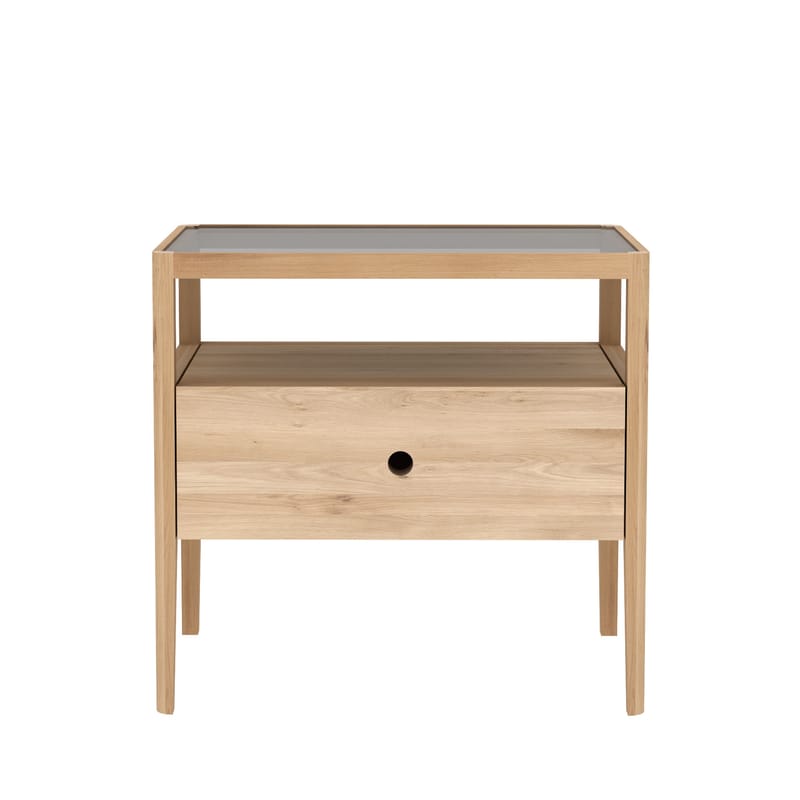 Furniture - Coffee Tables - Spindle Bedside table natural wood / Solid oak & glass - 1 drawer - Ethnicraft - Oak / Clear glass - Glass, Solid oak