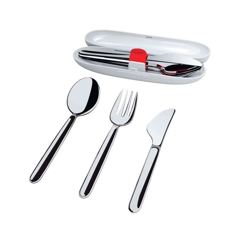Tableware - Cutlery - Food à porter Set of travel cutlery metal / 3 pieces with case - Alessi - Steel / grey case - Stainless steel, Thermoplastic resin
