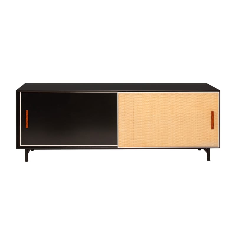Furniture - TV Stands - Essence Television table wood black / L 140 x H 42 cm - Wood & rattan - Maison Sarah Lavoine - Black / Rattan - Lacquered wood, Metal, Rattan marrow
