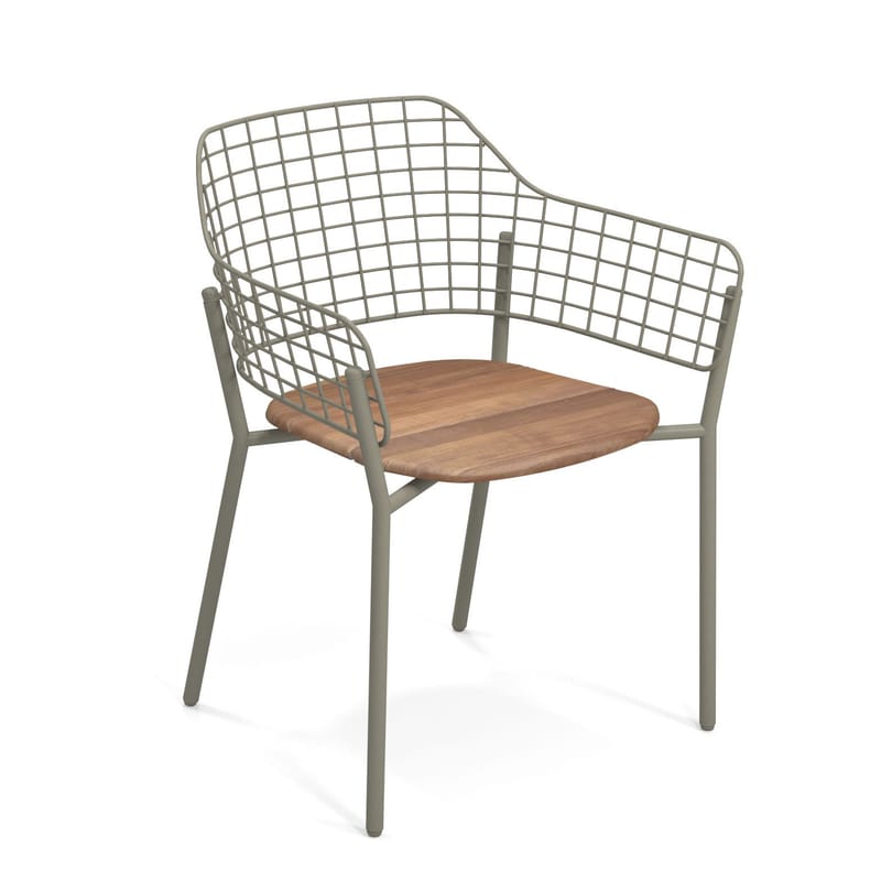 Furniture - Chairs - Lyze Stackable armchair metal grey natural wood / Teak seat - Emu - Grey-green / Teak - Aluminium, Steel, Teak