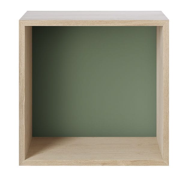 Möbel - Regale und Bücherregale - Regal Stacked 2.0 grün holz natur / Größe M - quadratisch - 43 x 43 cm / mit farbiger Rückwand - Muuto - Eiche / Rückwand graugrün - MDF Eichenfurnier, mitteldichte bemalte Holzfaserplatte