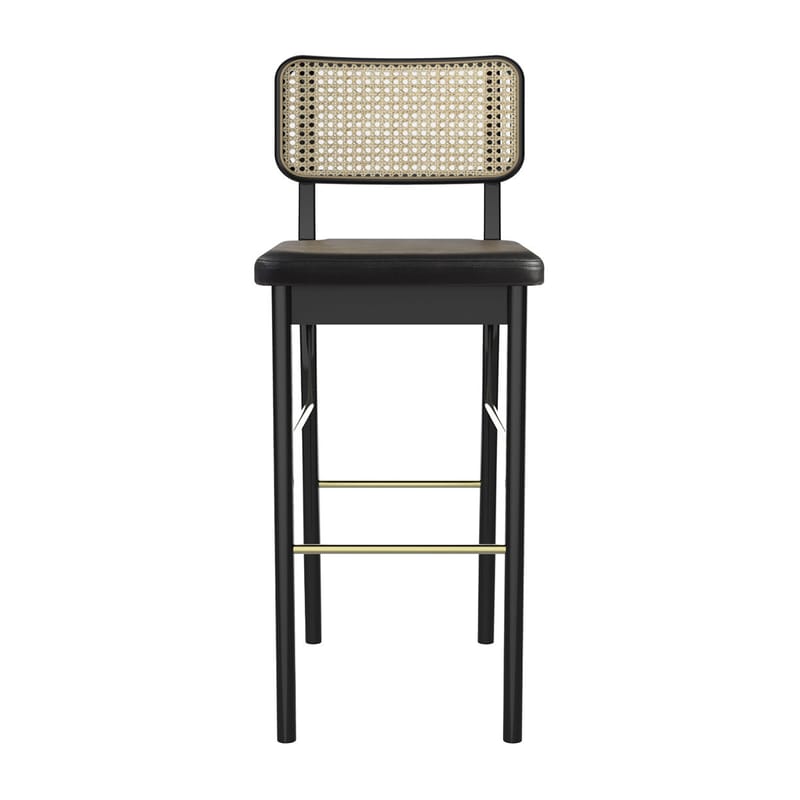 Furniture - Bar Stools - Cannage Bar stool cane & fibres wood black / H 65 cm - Leather - RED Edition - Black leather / Black - Brass, Foam, Leather, Rattan, Tinted oak wood