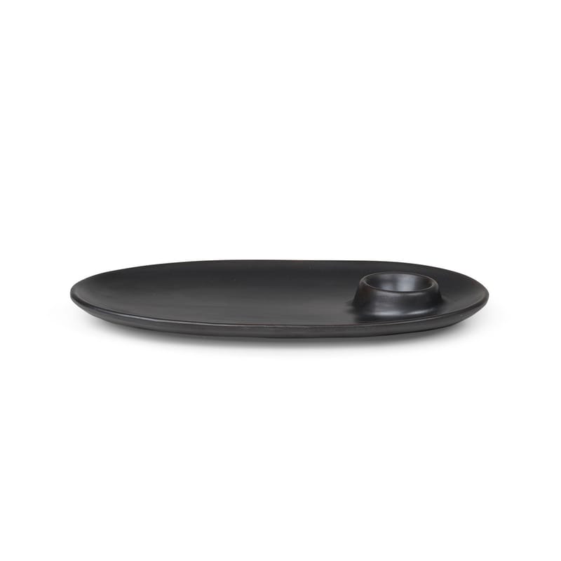 Tableware - Plates - Flow Plate ceramic black / With built-in egg cup - 23 x 14 cm - Ferm Living - Black - Enamelled china