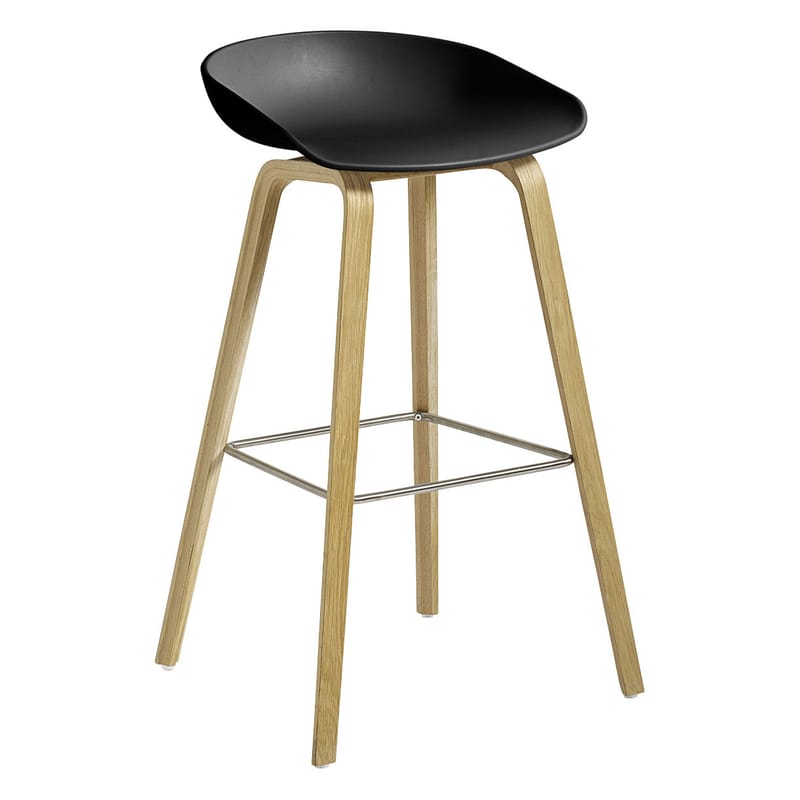 Furniture - Bar Stools - About a stool AAS 32 Bar stool plastic material black / H 75 cm - Hay - Black / Lacquered oak / Steel footrest - Lacquered oak, Polypropylene